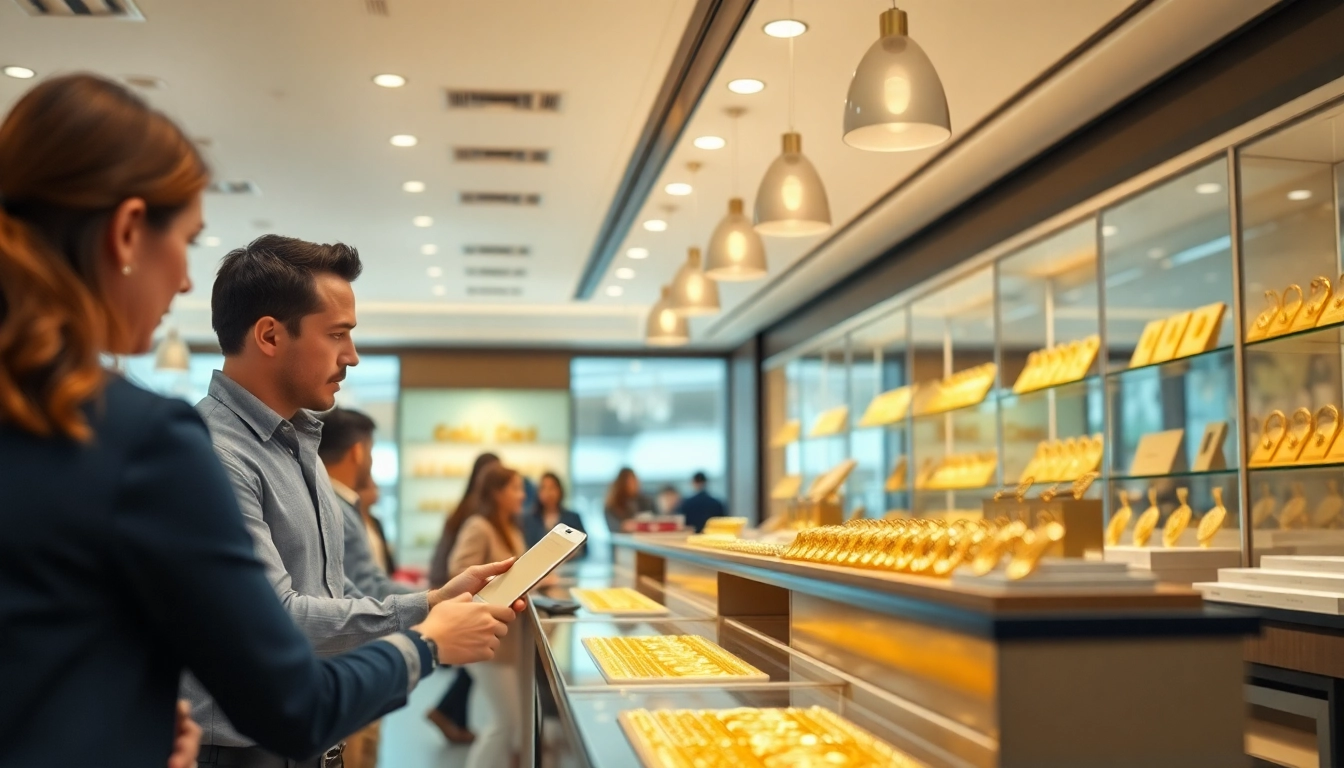 Acquista oro in un negozio elegante con clienti soddisfatti e personale attento.