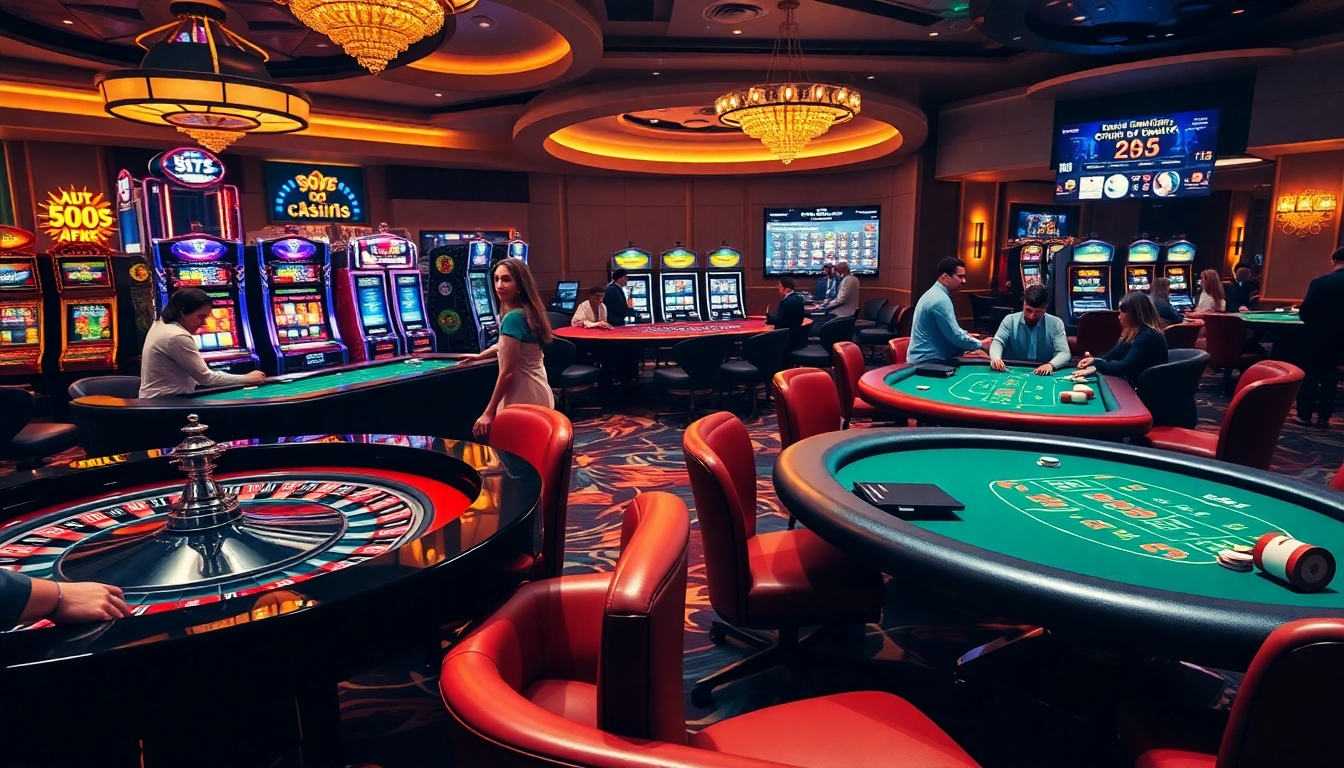 High-stakes betting at OK365's luxurious casino with roulette, cards, and vibrant slot machines.