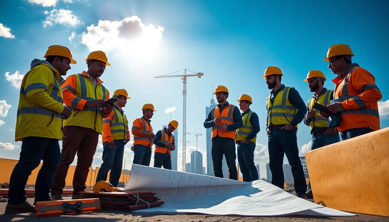 New Jersey Commercial General Contractor team discussing blueprints on a construction site.