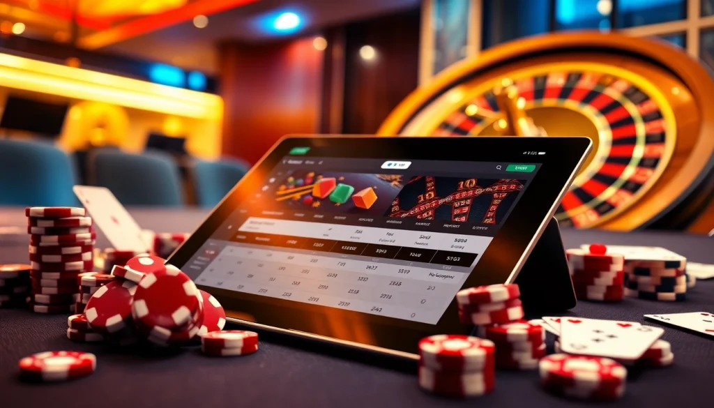 Sbobet online betting interface displayed on a luxurious casino table with poker chips and dice.