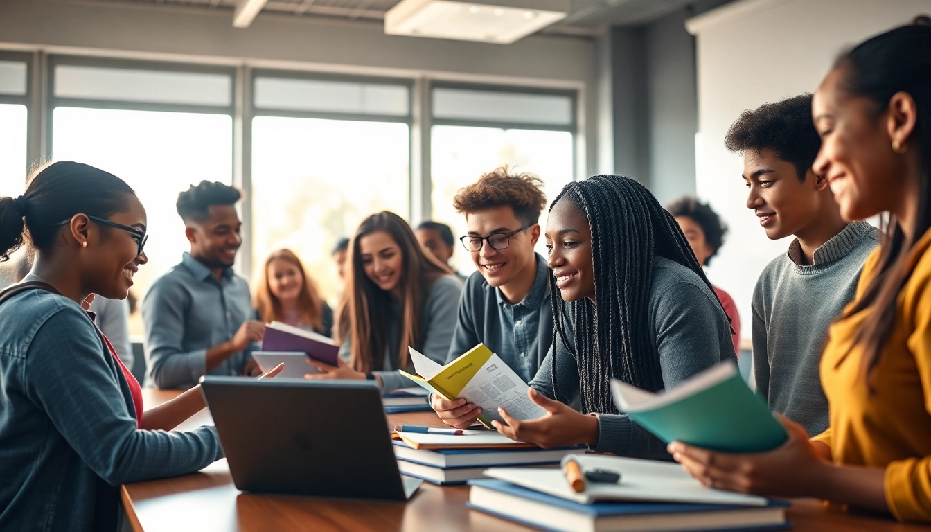 Education-focused classroom scene showcasing diverse students collaborating with technology.