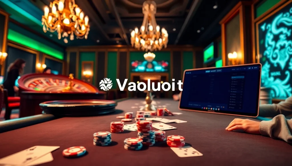 Experience high-stakes gambling at Vaoluoi tv's luxurious casino tables, complete with poker chips and a roulette wheel.