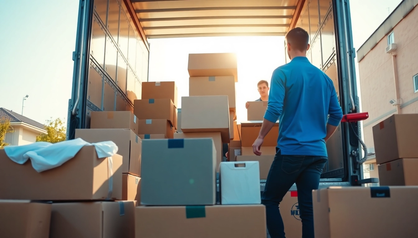 Movers efficiently loading a truck with household items against a bright backdrop.