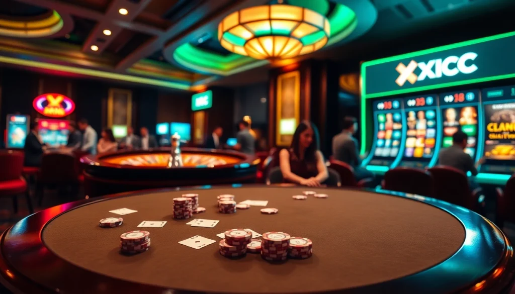 Experience the excitement of xx88 kjc as gamblers revel in an elegant casino setting filled with poker chips and slot machines.