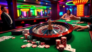 Experience the thrilling world of Trang game Haywin with vibrant casino elements like roulette wheels, poker chips, and excited players.