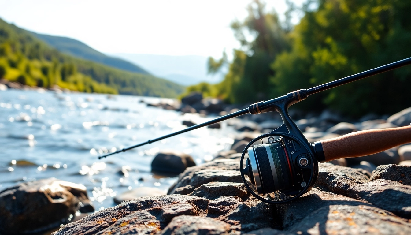Showcasing a Fly fishing combo on a riverbank against a serene natural backdrop.