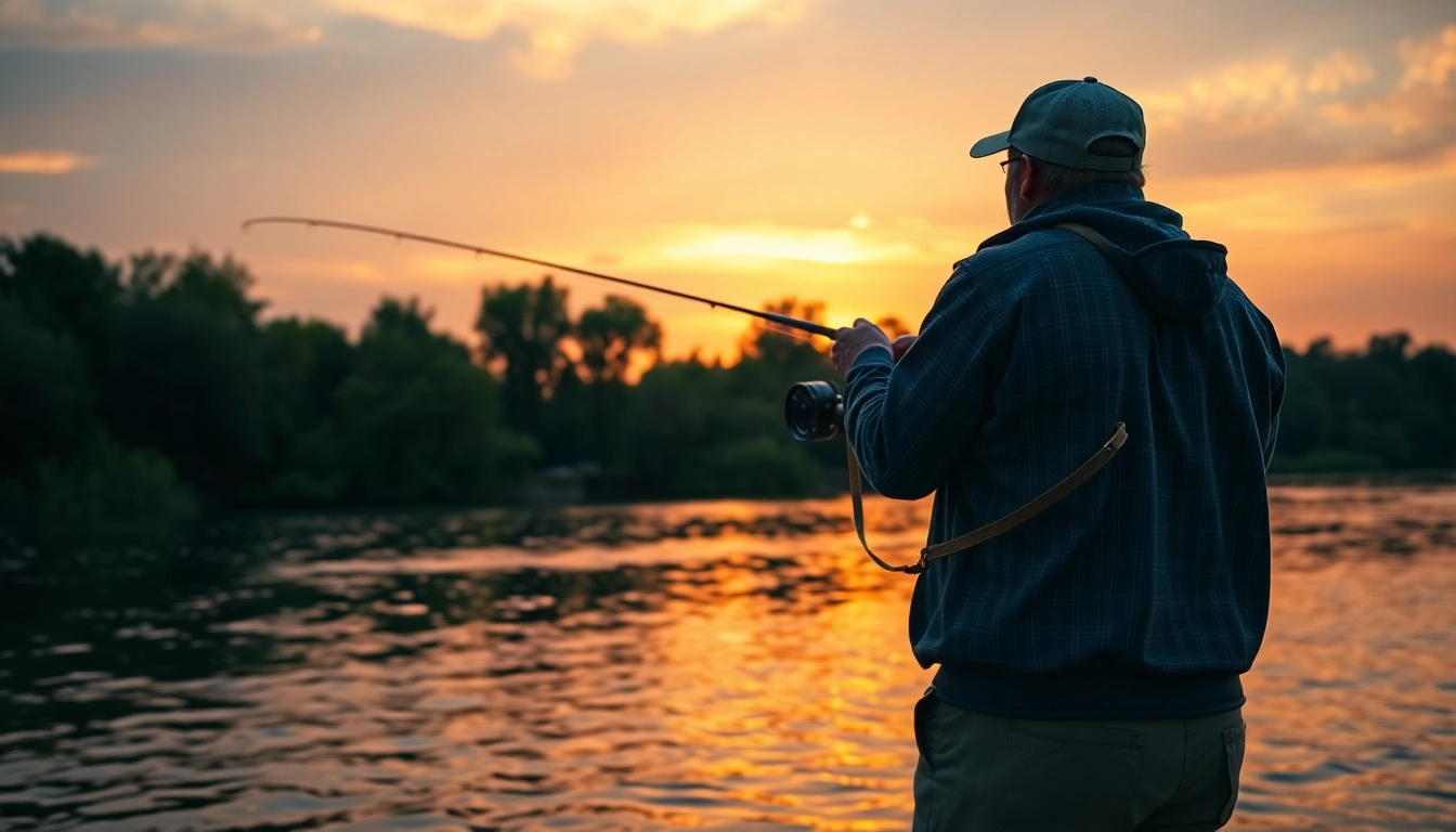 Angler skillfully casting a Fly fishing line at sunset on a tranquil river.