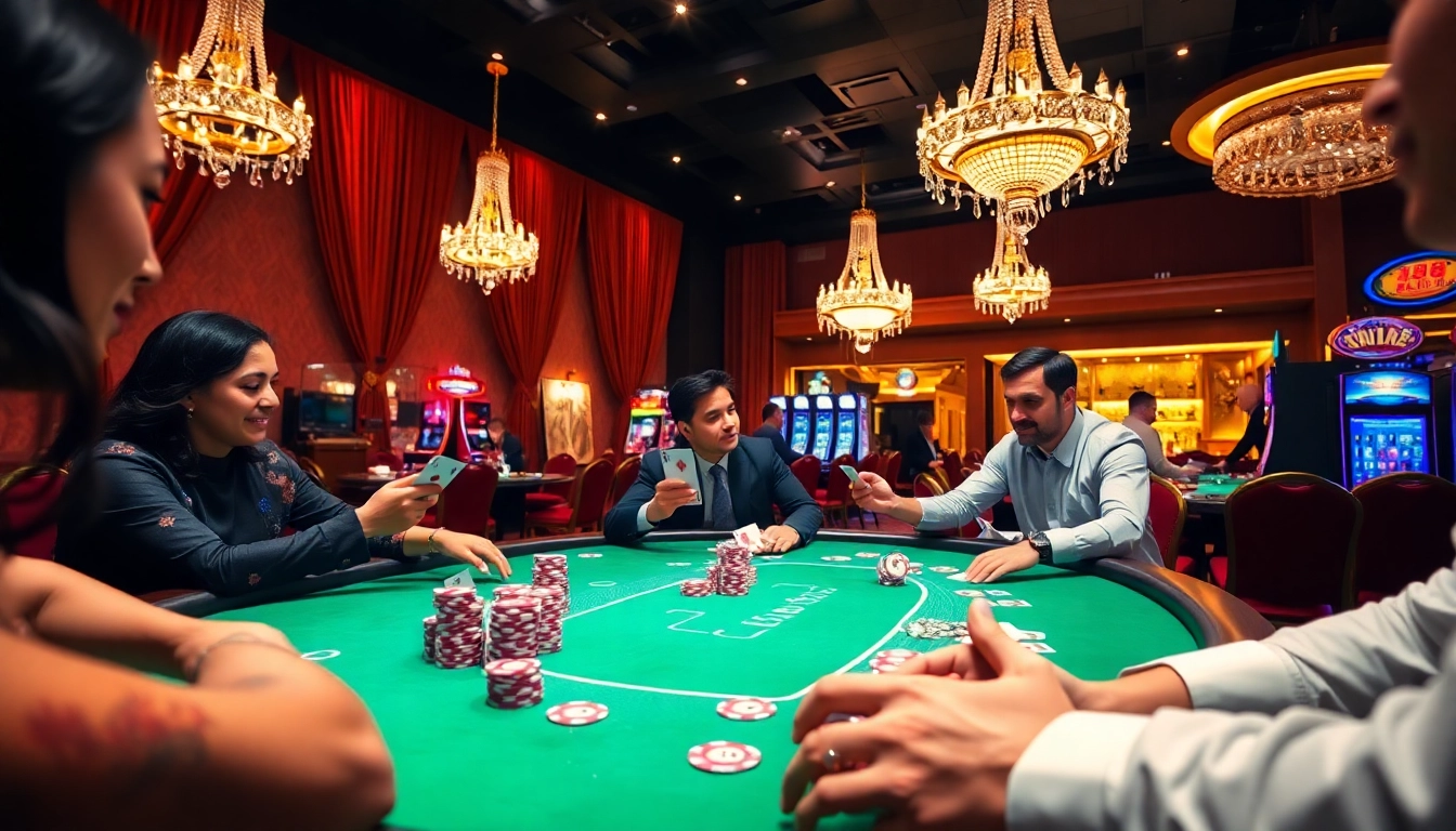 Players enjoy high-stakes poker at a luxurious J88-themed casino table, showcasing excitement and strategy.
