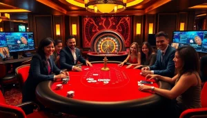 Players enjoying a vibrant poker game at a luxurious casino table, highlighting indoxxi-themed excitement and professionalism.