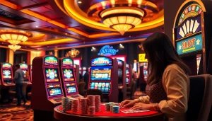 Excited players engaging with IDN Slot machines in a luxurious casino environment.