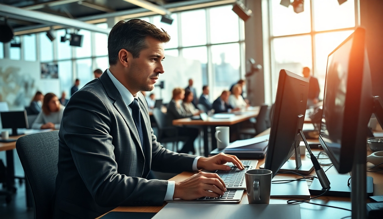 View from a busy newsroom showing reporters at work, emphasizing https://www.thedailynewsonline.com storytelling.
