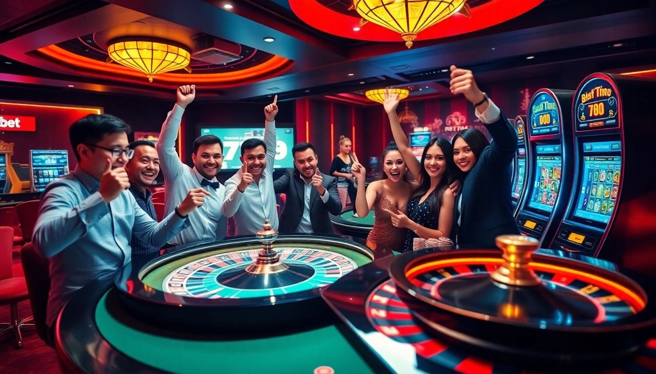 Excited players celebrating wins at a vibrant casino with rr88 link features.