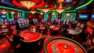 Experience the thrill of MM88 in a luxurious casino setting with poker tables and slot machines.