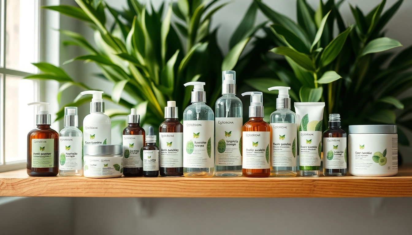Ekologiska kosmetika natural skincare products on a wooden shelf with green plants.