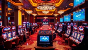 Mainkan permainan slot pulsa yang mendebarkan dengan mesin berwarna-warni dan penjudi yang bersemangat di kasino mewah.