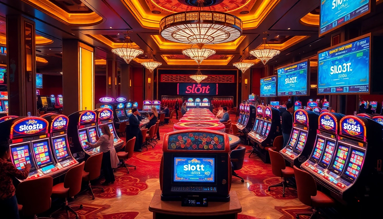 Mainkan permainan slot pulsa yang mendebarkan dengan mesin berwarna-warni dan penjudi yang bersemangat di kasino mewah.