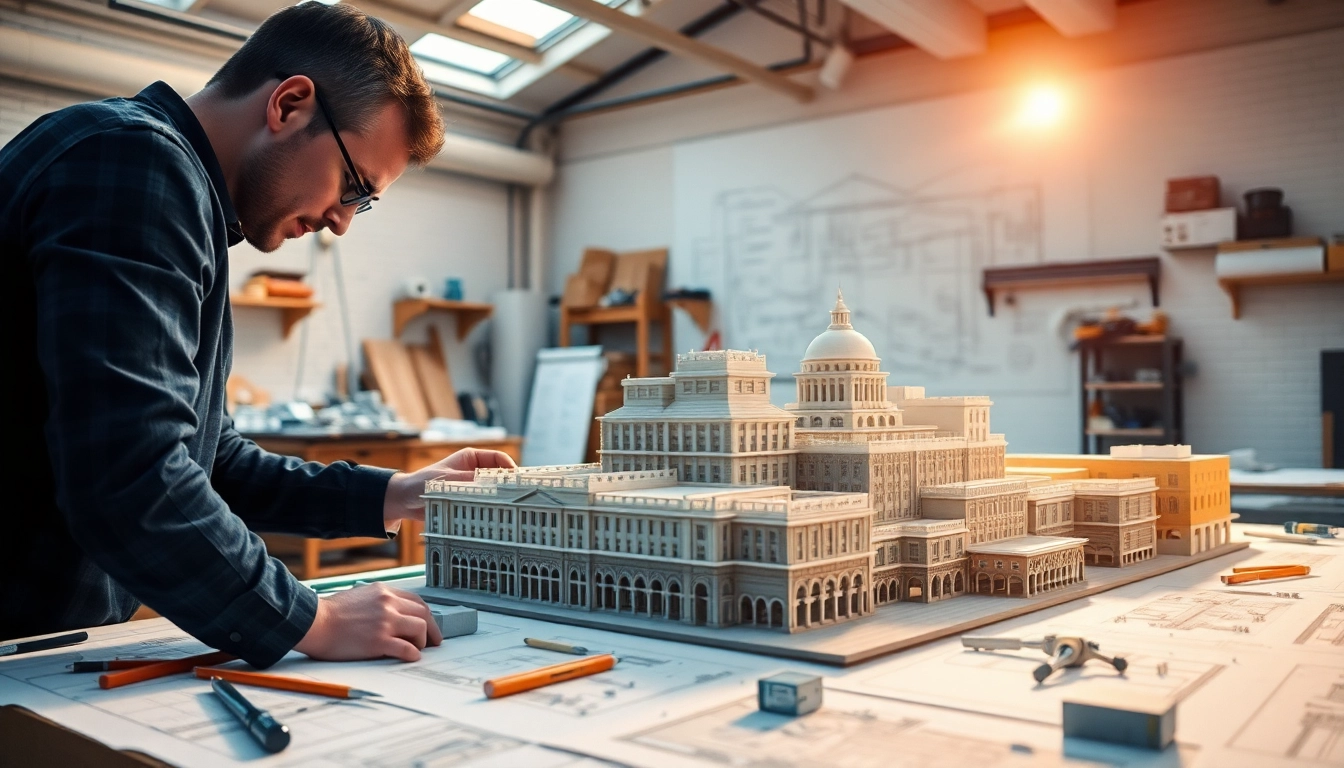 Architekturmodellbau Saarbrücken in einem modernen Atelier mit detaillierten Modellen.
