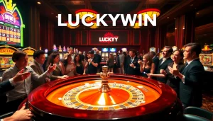 Experience the thrill of LUCKYWIN at a luxurious casino with vibrant roulette action.