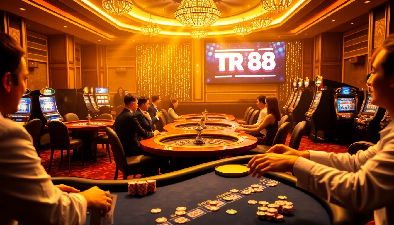 Experience excitement at a luxury casino with vibrant tables, showcasing the website TR88.