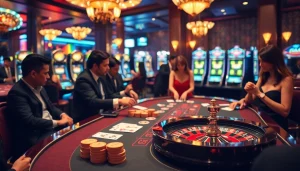 Engaging scene of rr88 casino gameplay with players, chips, cards, and a roulette wheel.