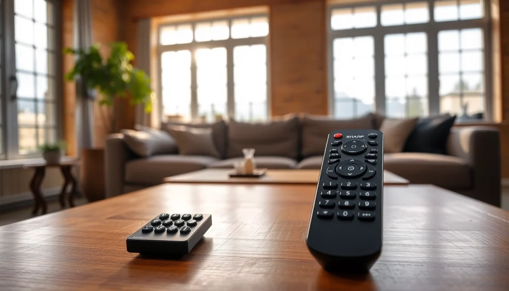 Die fernbedienung sharp aquos auf einem Tisch in einem modernen Wohnzimmer wird auf eine entspannte Weise präsentiert.