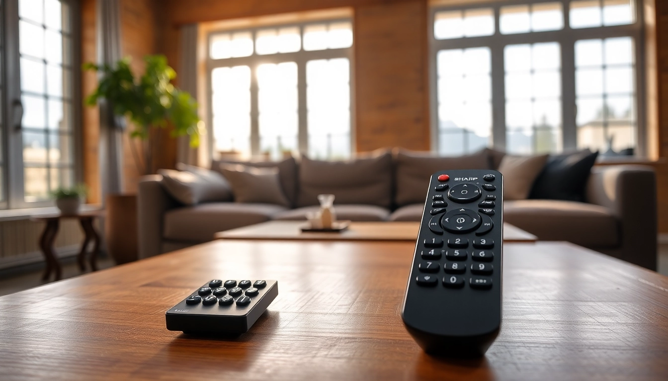 Die fernbedienung sharp aquos auf einem Tisch in einem modernen Wohnzimmer wird auf eine entspannte Weise präsentiert.
