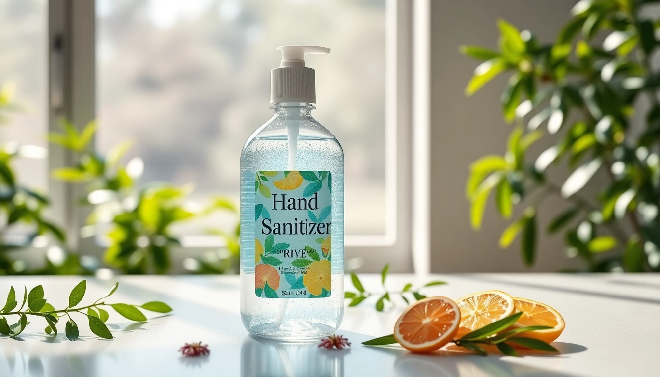 Hand sanitizer bottle showcasing its sleek design and vibrant label on a polished countertop.