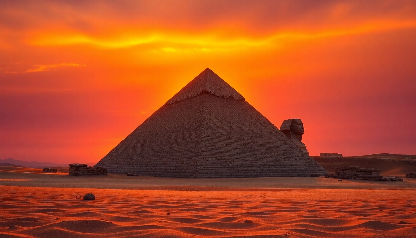 Discover the iconic Great Pyramid of Giza at https://piraminds.com/ highlighted during a stunning sunset.