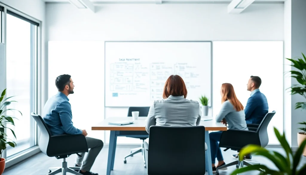 Engaging team collaborating on sales recruitment websites strategy in a modern office.