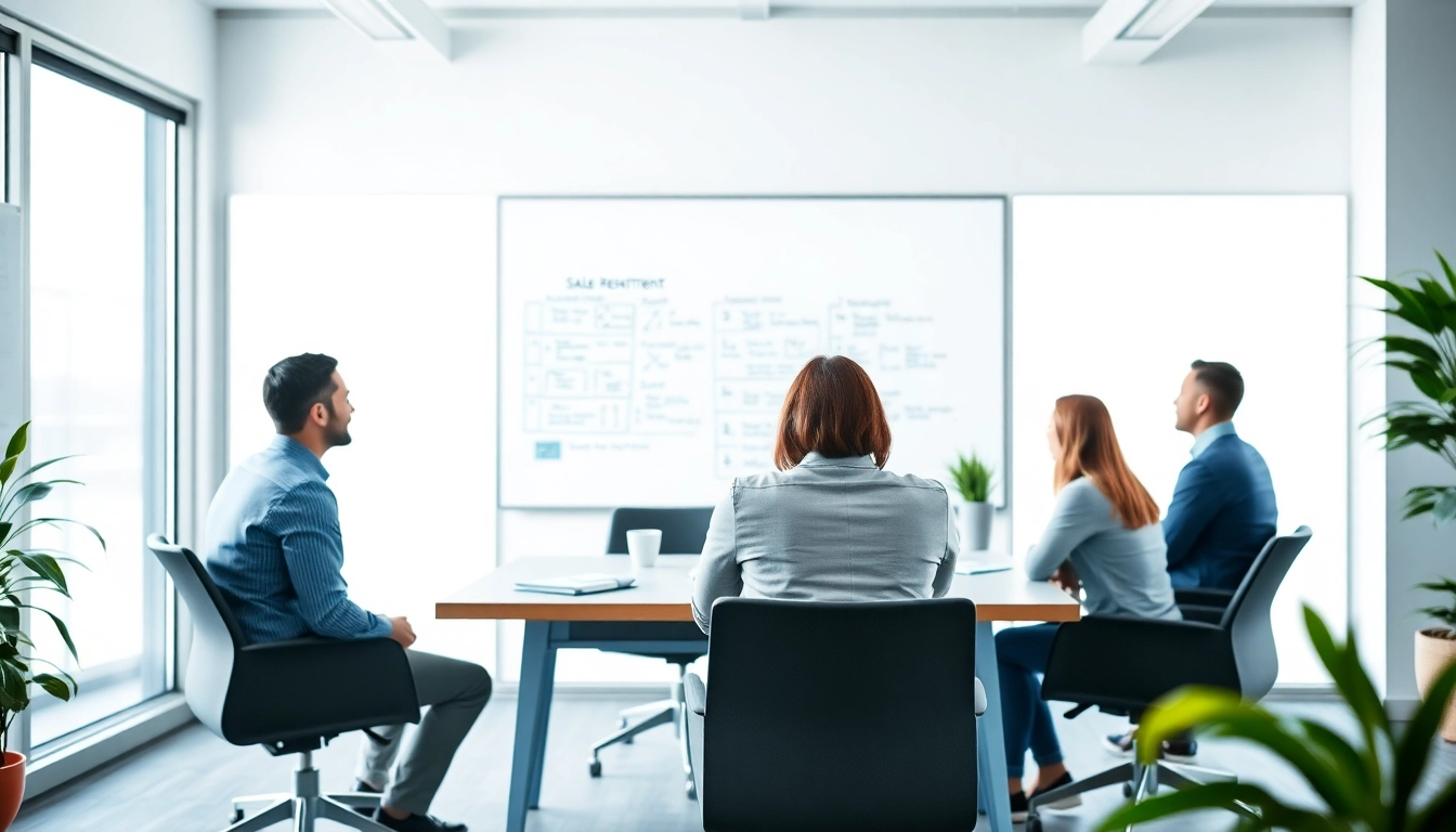 Engaging team collaborating on sales recruitment websites strategy in a modern office.