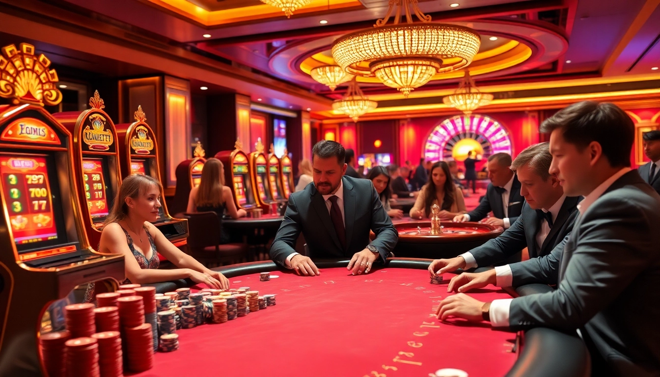 Players reveling in excitement at TK88 casino with vibrant slot machines and poker tables.