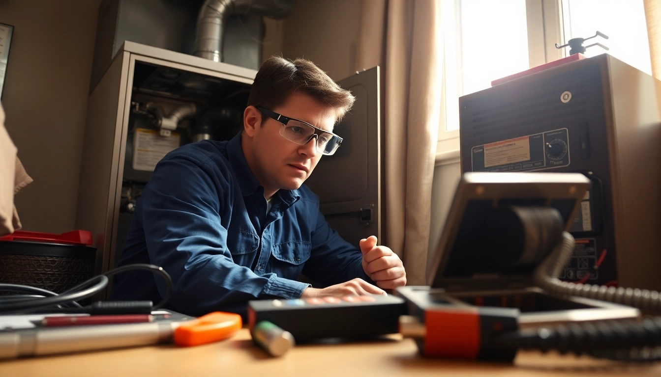 Expert technician conducts furnace repair northsalem in a comfortable home environment with specialized tools.