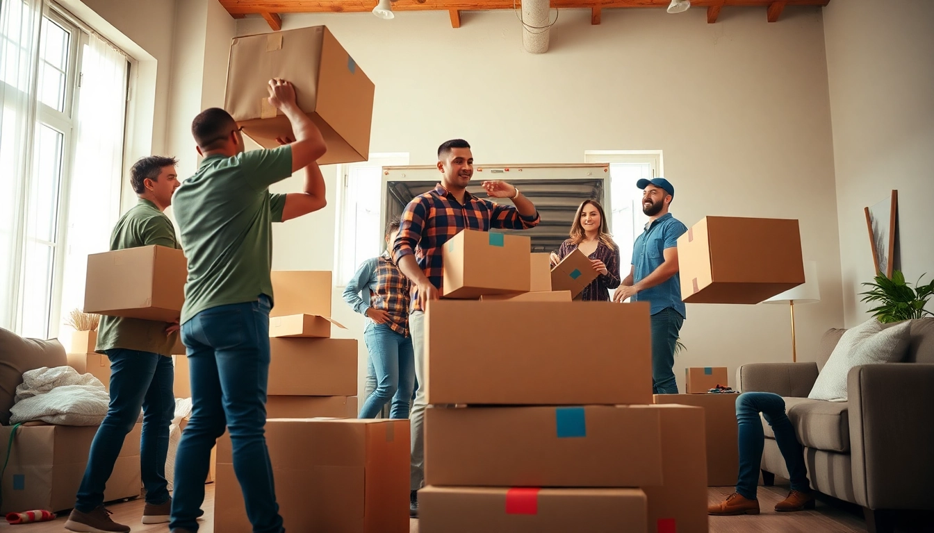 Calgary movers efficiently transporting boxes during a move, showcasing teamwork and energy.