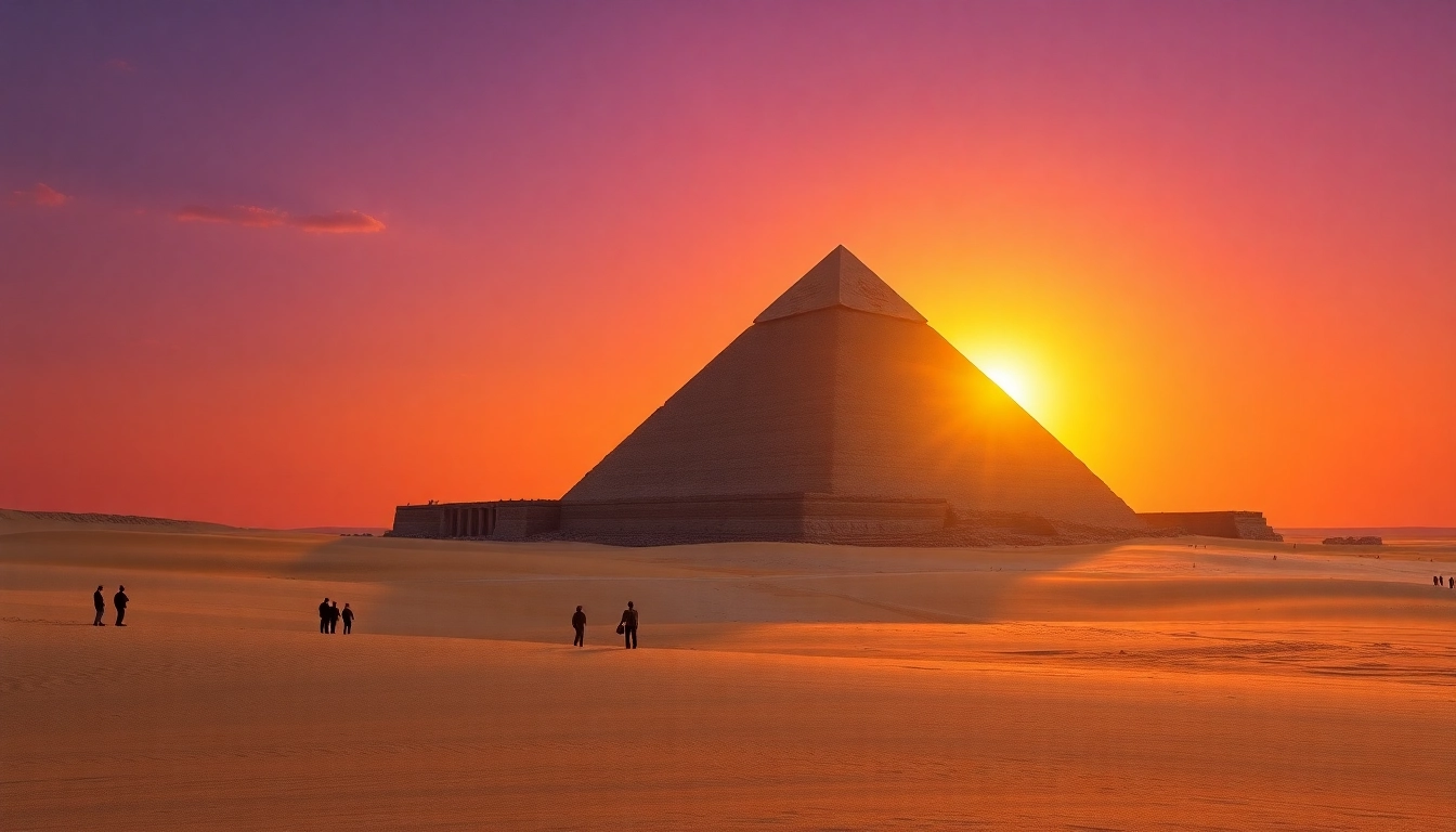 Pyramids of Giza at sunset captured on https://piraminds.com/ with tourists for scale, evoking ancient wonders.