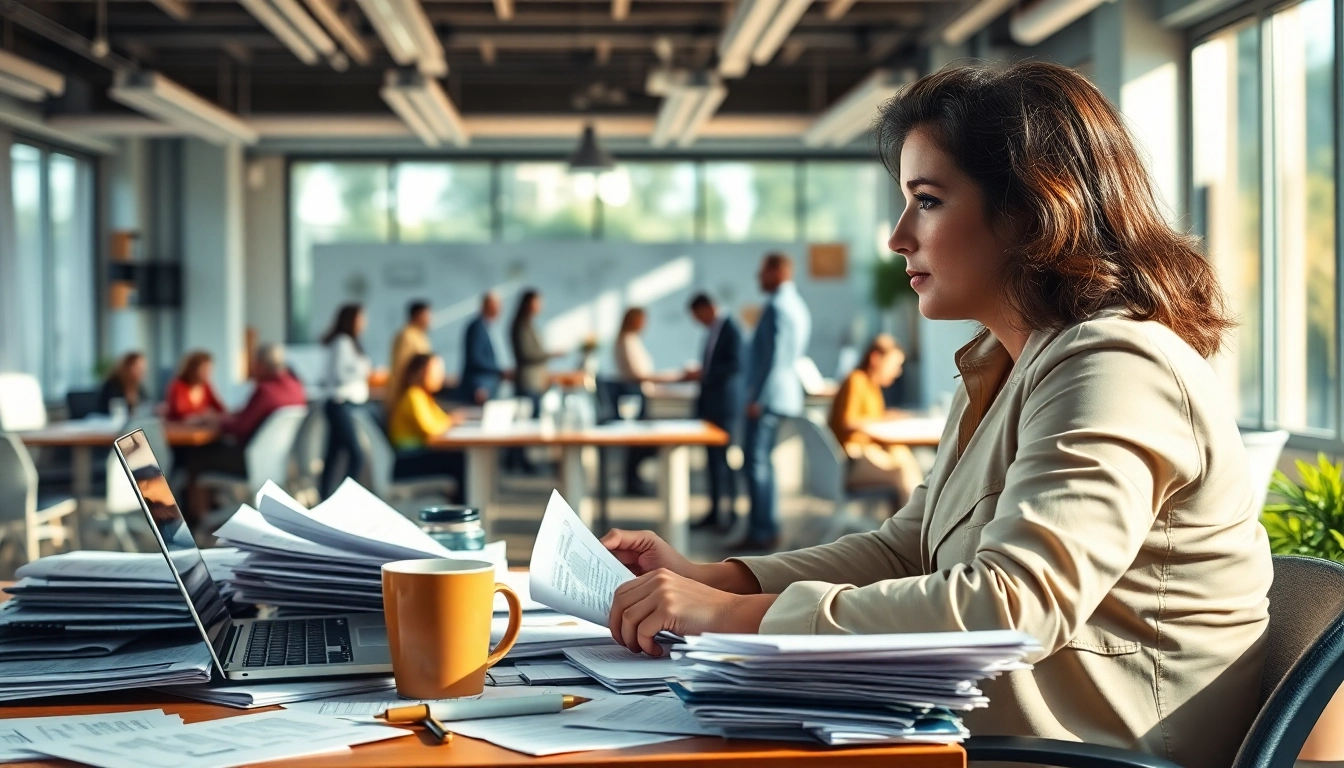 Tampa Free Press reporter working diligently in a lively newsroom environment.