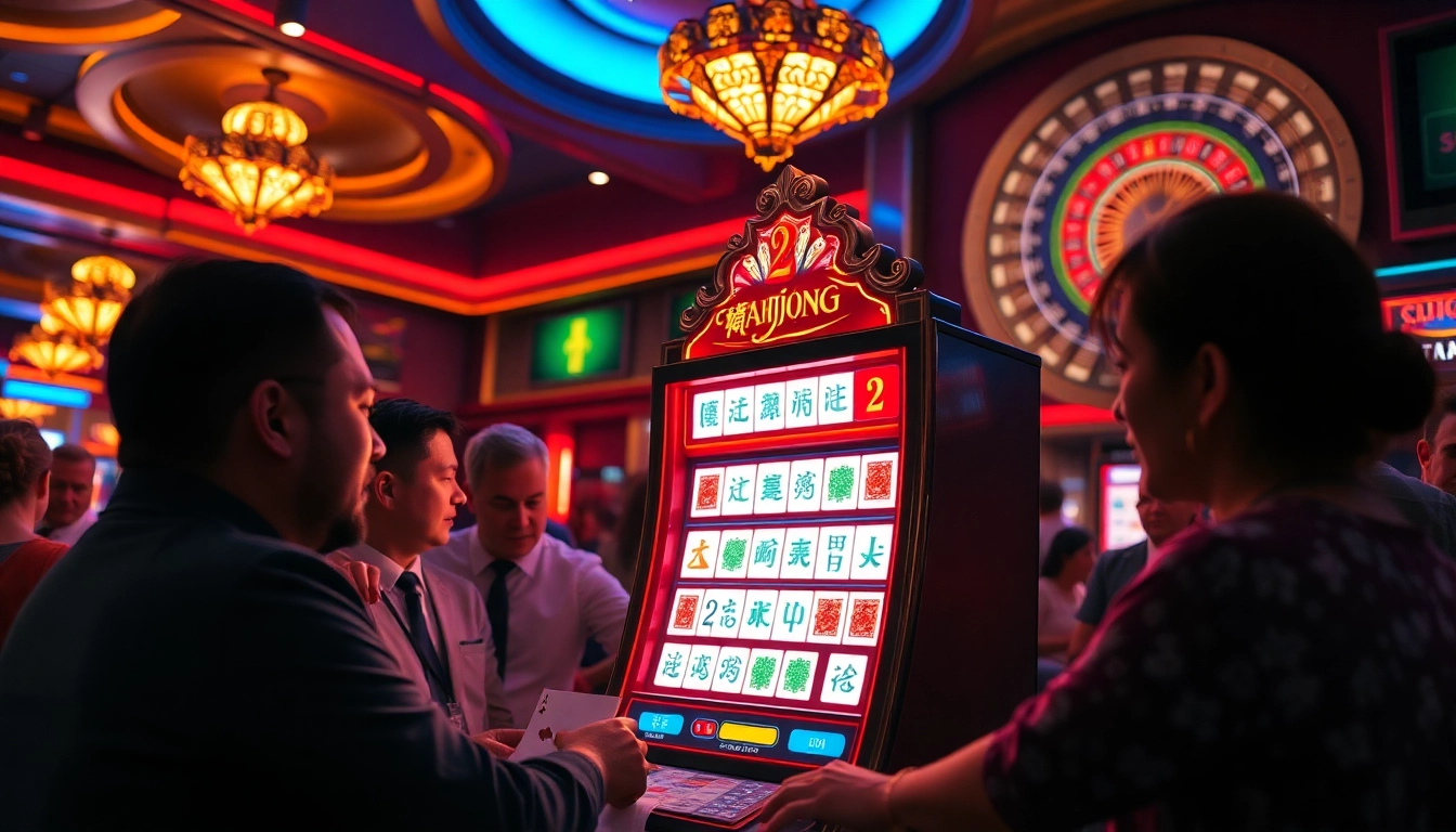 Players engage intensely with the Mahjong Ways 2 slot machine in a vibrant casino atmosphere.