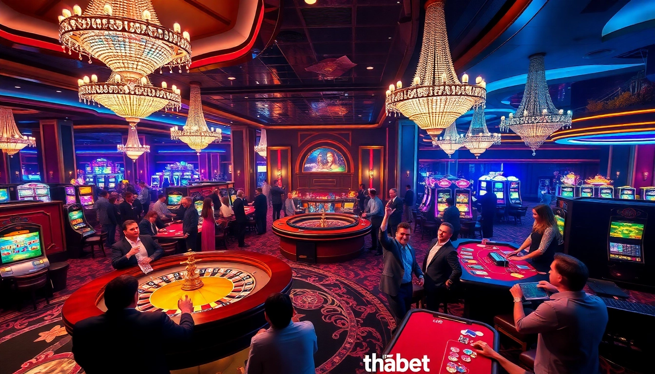 Exciting casino action at Thabet Vegas with players at roulette and poker tables.