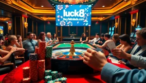 Players enjoying high-stakes games at a luxurious casino table featuring luck8.