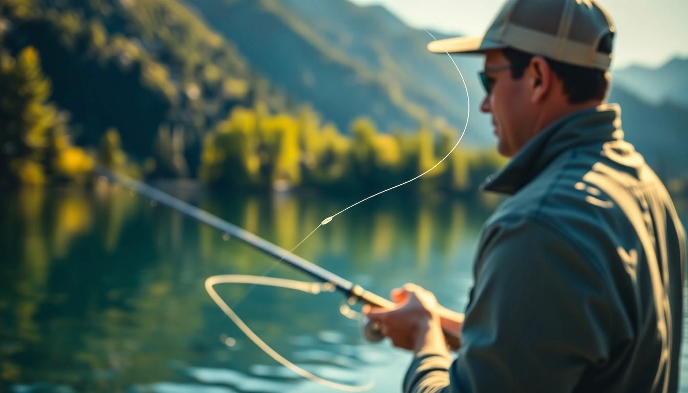 Angler skillfully casts a fly fishing line over tranquil waters, showcasing nature's beauty.