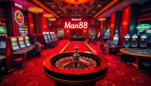 Experience the thrill of Man88 casino with players enjoying roulette, poker, and vibrant slot machines.