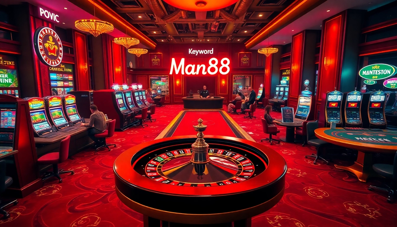 Experience the thrill of Man88 casino with players enjoying roulette, poker, and vibrant slot machines.