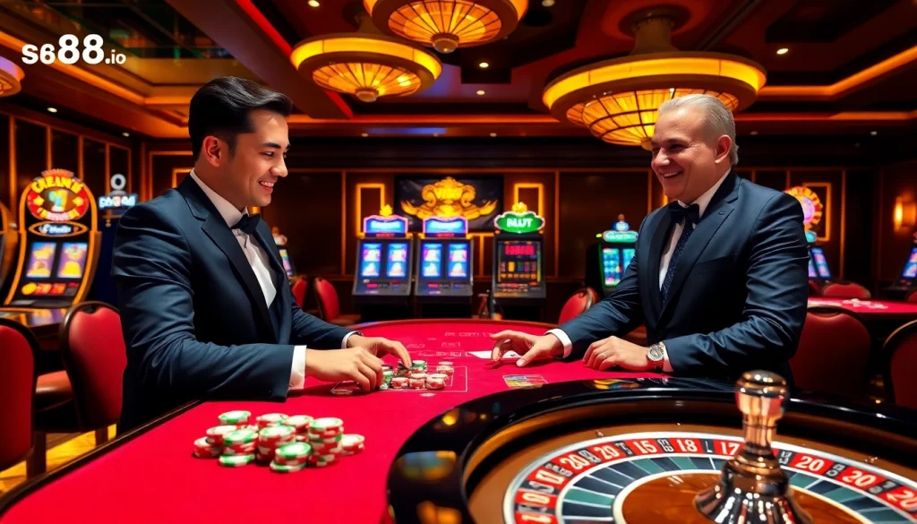 Engaged gamblers at a luxurious casino showcasing games available at s88a.io with vibrant slots and poker action.