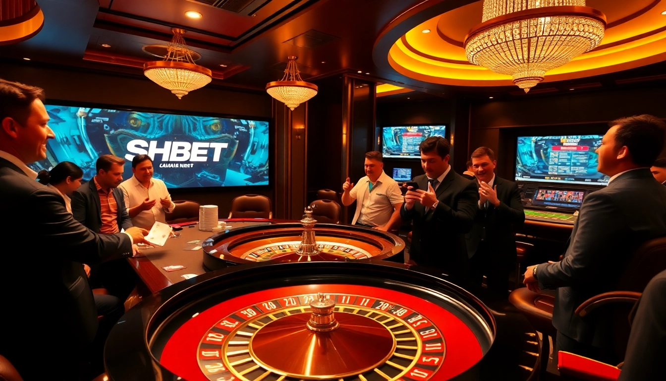 Players enjoying the SHBET casino experience at a roulette table with vibrant atmosphere