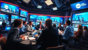 Members of the Usa Today newsroom collaborate on breaking news stories in a dynamic environment.