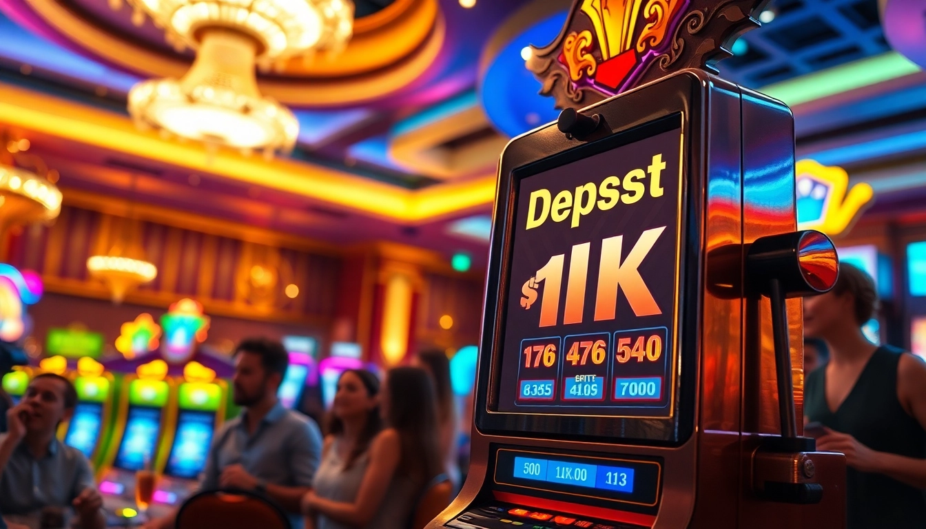 Taruhan slot deposit 1k yang menarik dengan pengunjung yang bersemangat di kasino.