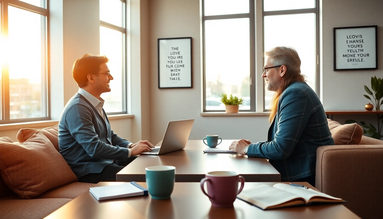 Business coach near me guiding a client in a well-lit office with a supportive atmosphere.