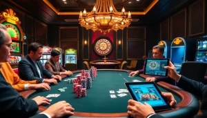 Engage in an exciting poker game at https://qq88.life/ with luxurious casino elements and vibrant gambling visuals.
