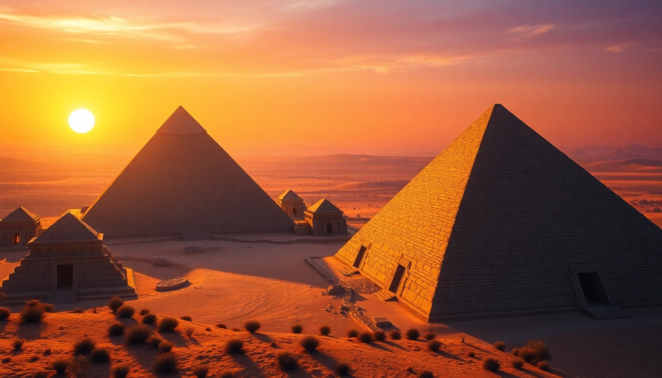Captivating view of the piraminds under a stunning sunset, highlighting ancient textures.