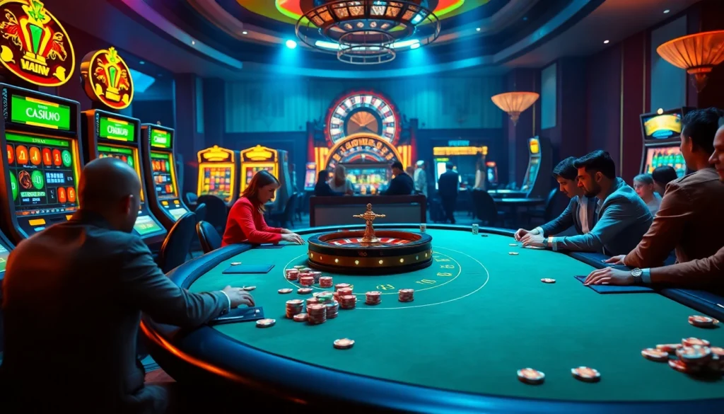 Kuwin players engaging in strategic gameplay at a luxurious casino table, showcasing excitement and professionalism.