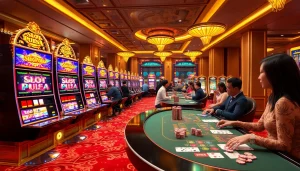 Experience thrilling moments at Slot Pulsa gaming with engaging players and vibrant slot machines.